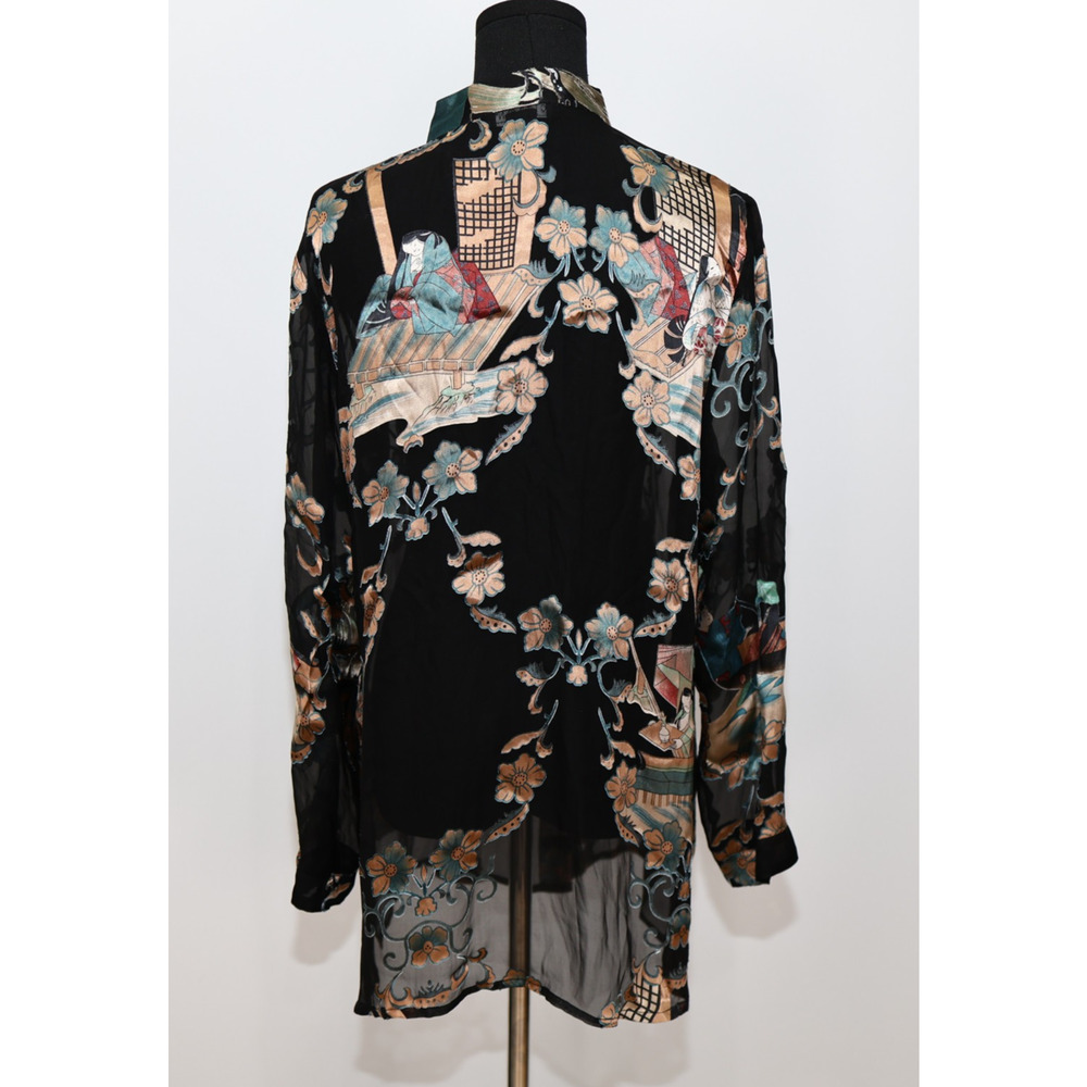 A4 Auth CITRON Santa Monica Floral Black Damask Silk Long Tunic Top Blouse Sz M - Picture 5 of 9